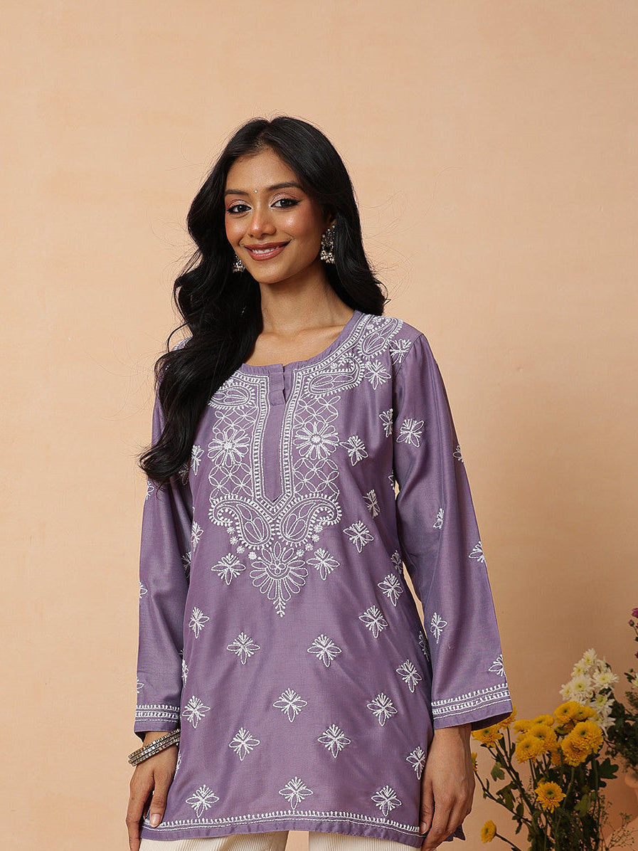 Ada Hand Embroidered Mauve Muslin Lucknowi Chikankari Short Kurti A911580