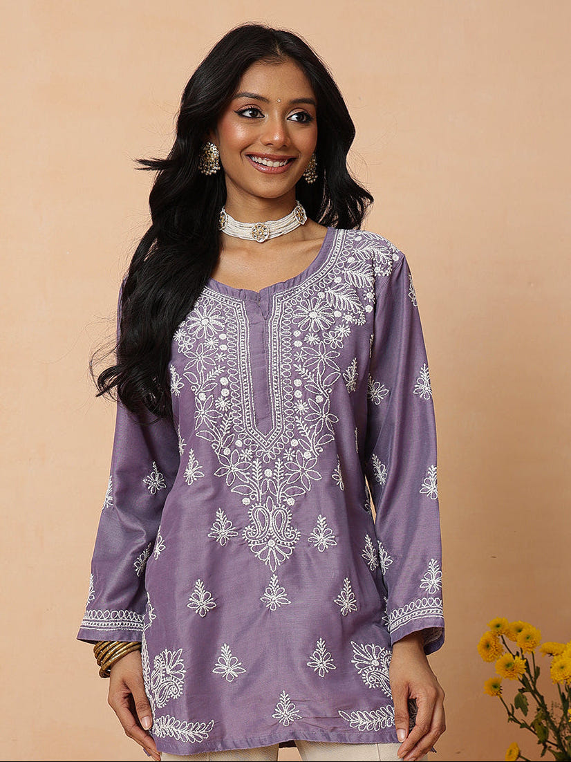 Ada Hand Embroidered Mauve Muslin Lucknowi Chikankari Short Kurti A911587
