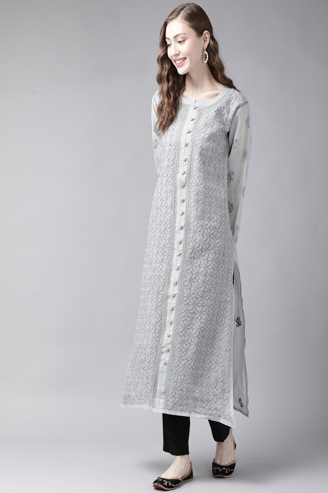 Ada Hand Embroidered Grey Cotton Lucknowi Chikankari Straight  Kurta A411248