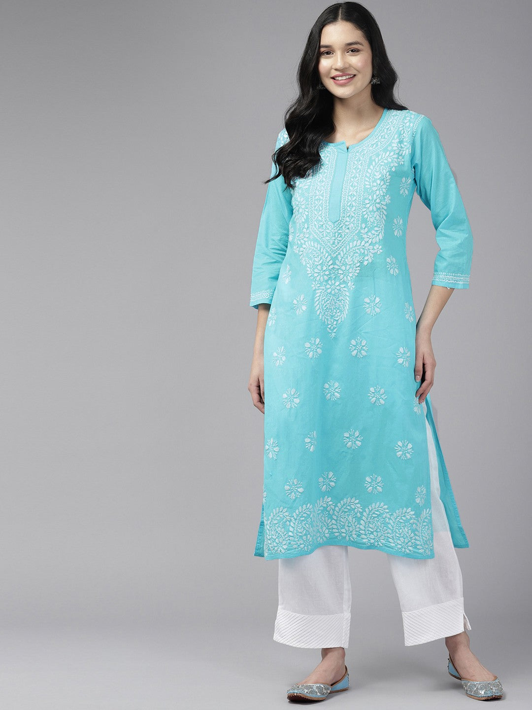 Ada Hand Embroidered Blue Cotton Lucknowi Chikankari Straight Kurta A411424