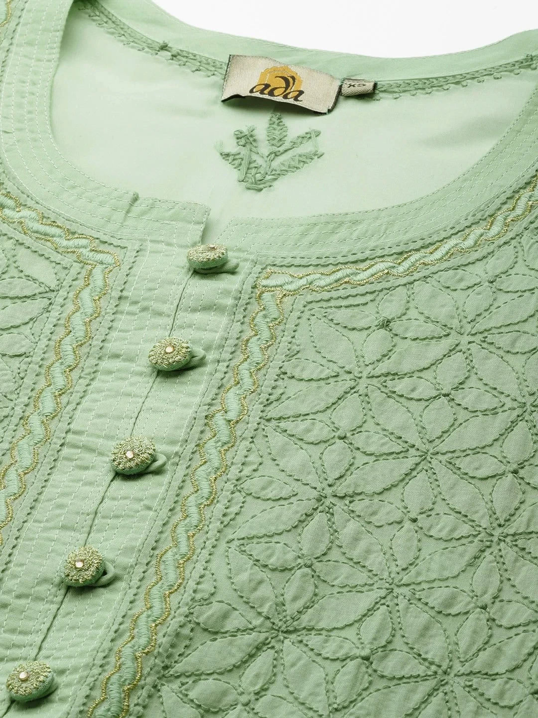 Ada Hand Embroidered Green Cotton Lucknowi Chikankari Straight Kurta A411246