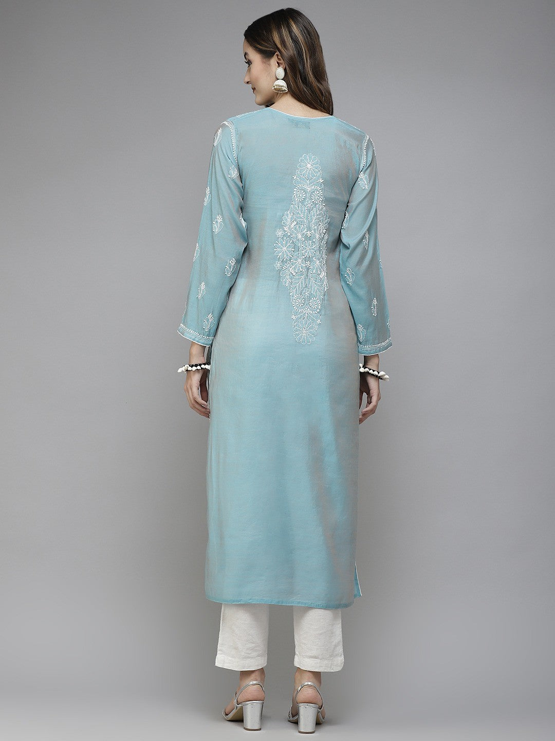 Ada Hand Embroidered Greyish Blue Chanderi Lucknowi Chikan Kurta A411343