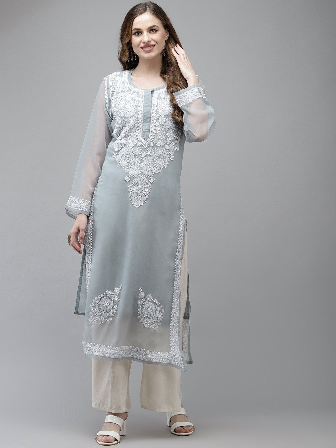 Ada Hand Embroidered Grey Georgette Lucknow Chikan Kurta with Slip A411358