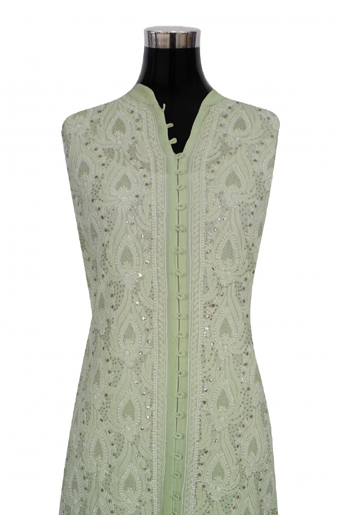 Ada Hand Embroidered Tea Green Pure Georgette Lucknowi Chikankari Semi-Stitched Suit Set With Muqaish Work A77998
