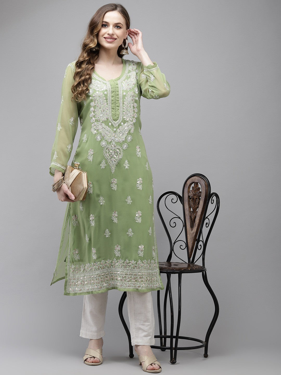Ada Hand Embroidered Green Georgette Lucknow Chikan Kurta/Slip with Gota Patti Work A411355