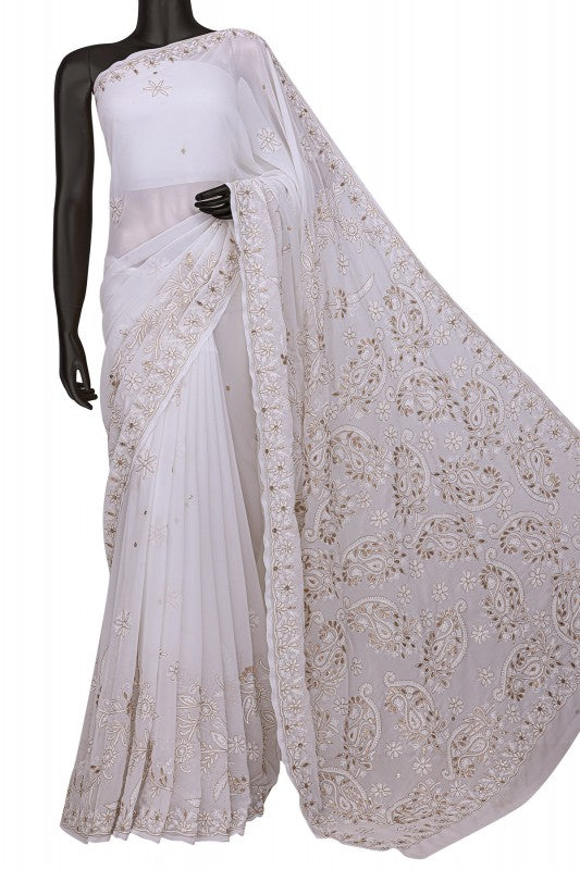 Ada Hand Embroidered White Georgette Lucknowi Chikankari Saree /Blouse with Gota Patti Work A42302