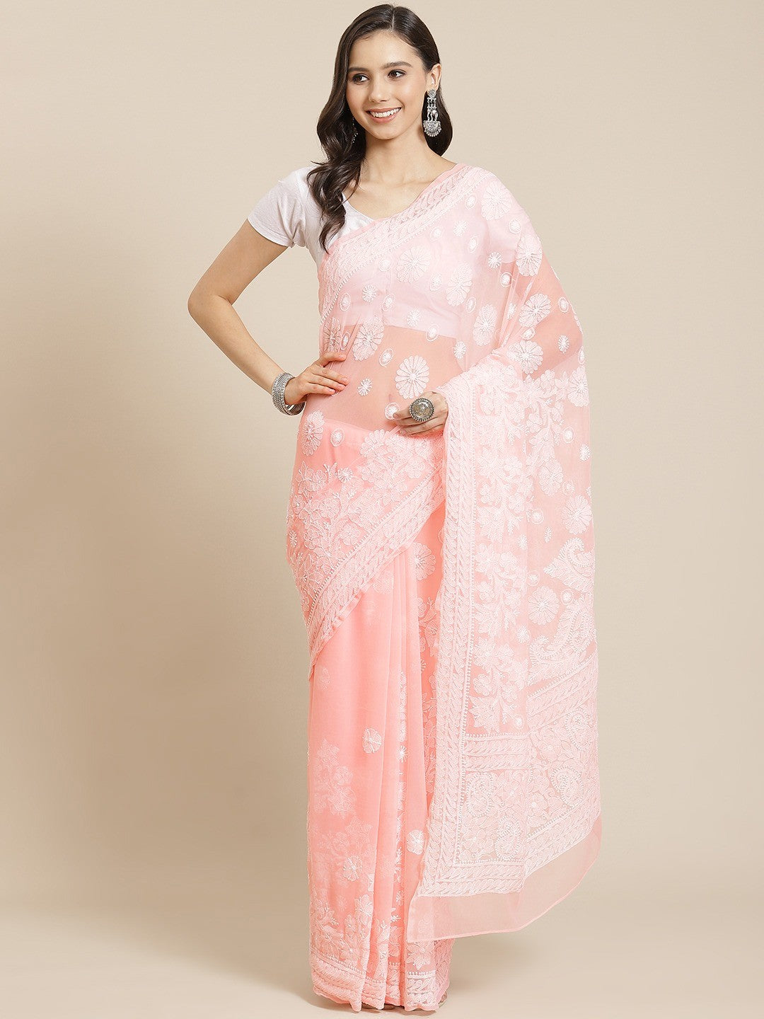 Ada Hand Embroidered Peach Georgette Lucknowi Chikankari Saree With Blouse-A311330