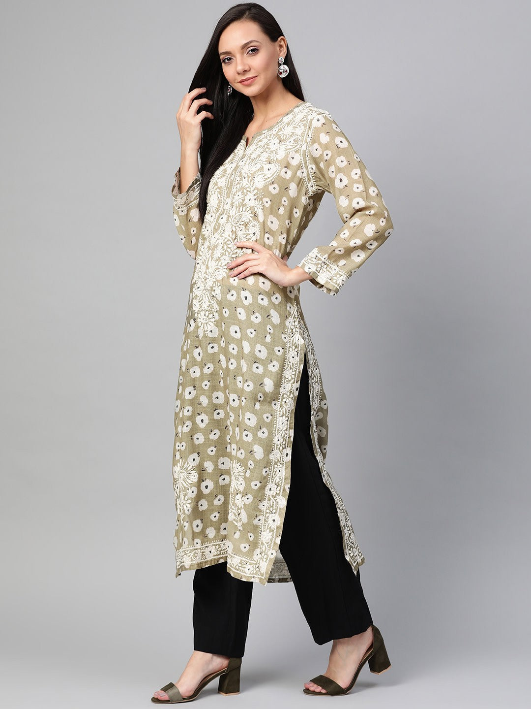 Ada Hand Embroidered Olive Green Cotton Lucknowi Chikankari Straight Kurta A100433