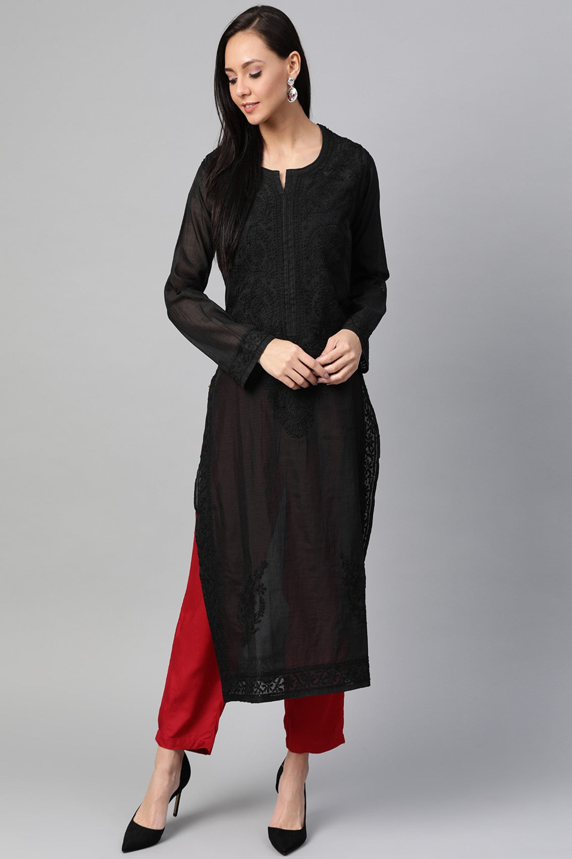 Ada Hand Embroidered Black Chanderi Lucknowi Chikankari Straight Kurta A100478