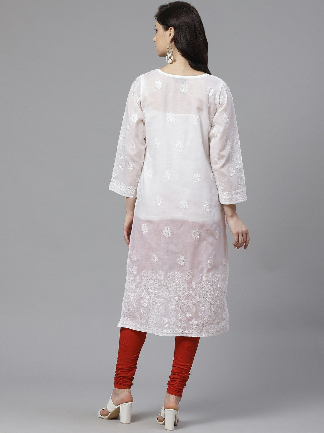 Ada Hand Embroidered White Cotton Lucknowi Chikankari Straight Kurta With Churidar Set A100550