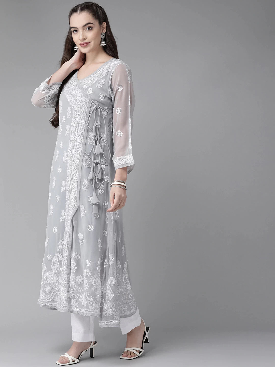 Ada Hand Embroidered Grey Georgette Lucknow Chikankari Angarkha Kurta With Slip -A411262