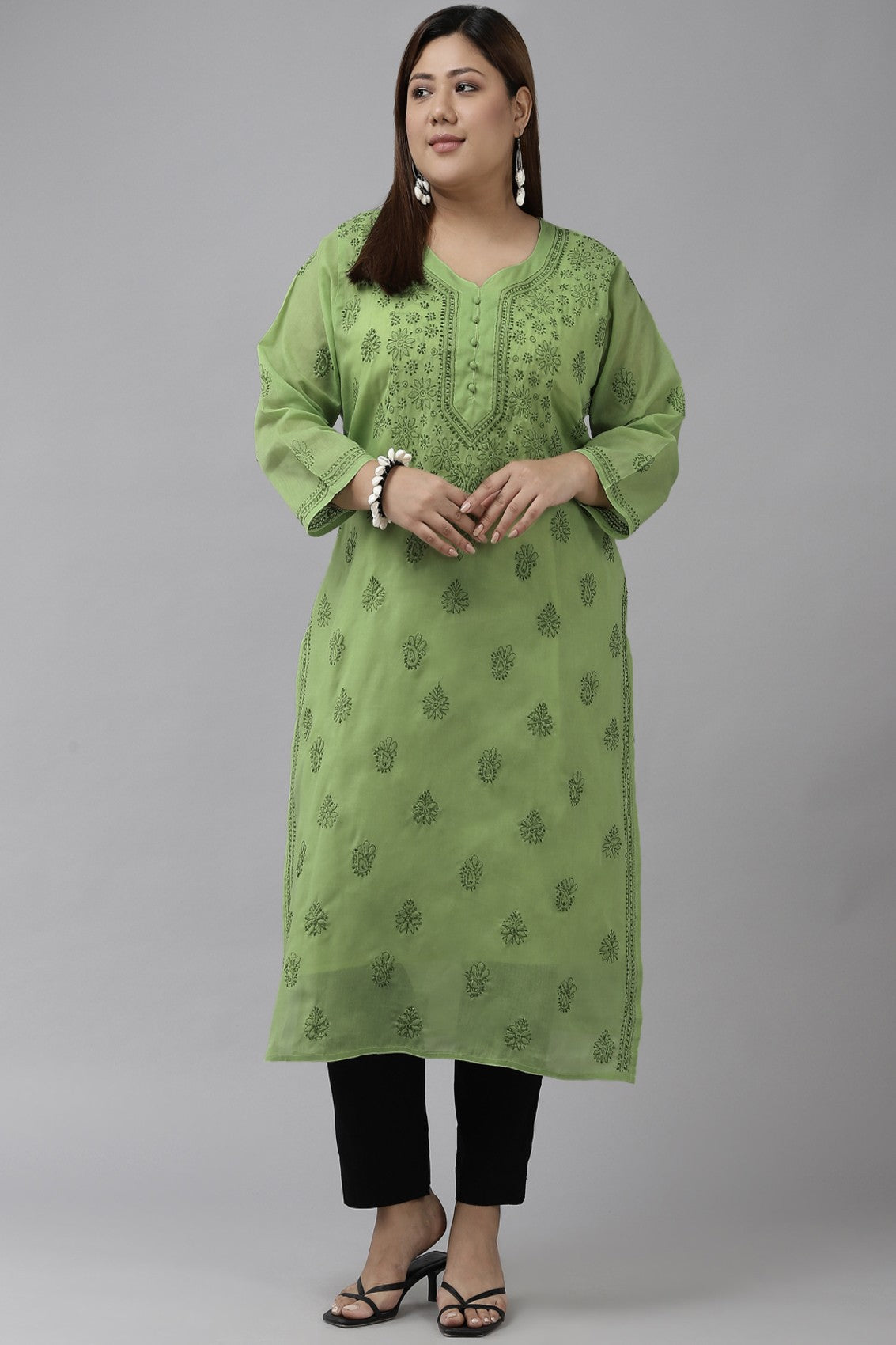 Ada Hand Embroidered Green Cotton Lucknowi Chikankari Straight Kurta A231409