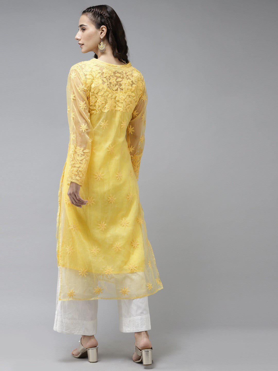 Ada Hand Embroidered Yellow Organza Lucknowi Chikankari Straight Kurta With Slip A411239
