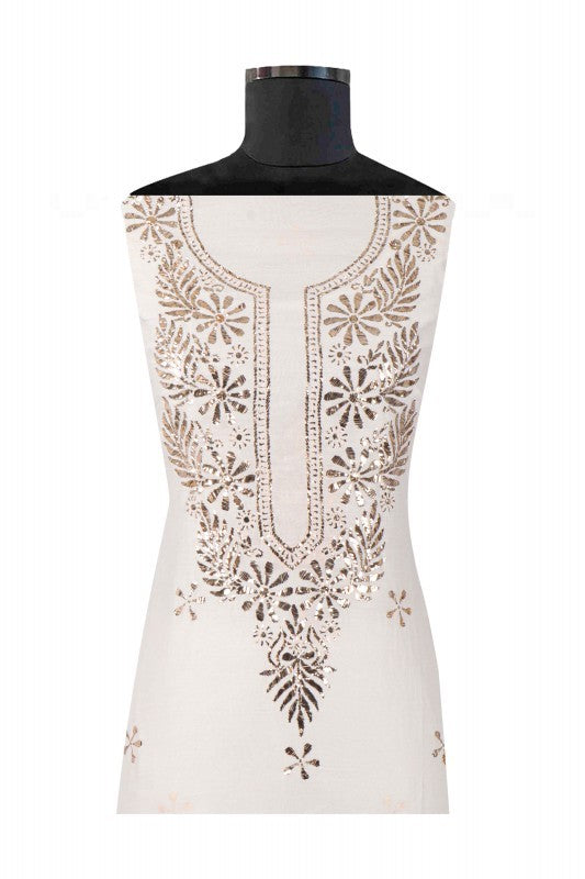 Ada Hand Embroidered White Chanderi Lucknowi Chikankari Unstitched Kurta Dupatta Set With Muqaish Work 01A40918