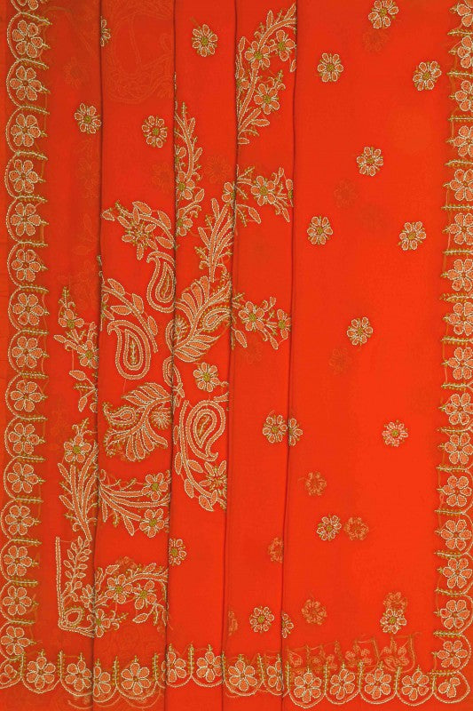 Ada Hand Embroidered Salamander Orange Georgette Lucknowi Chikankari Saree with Blouse A284586