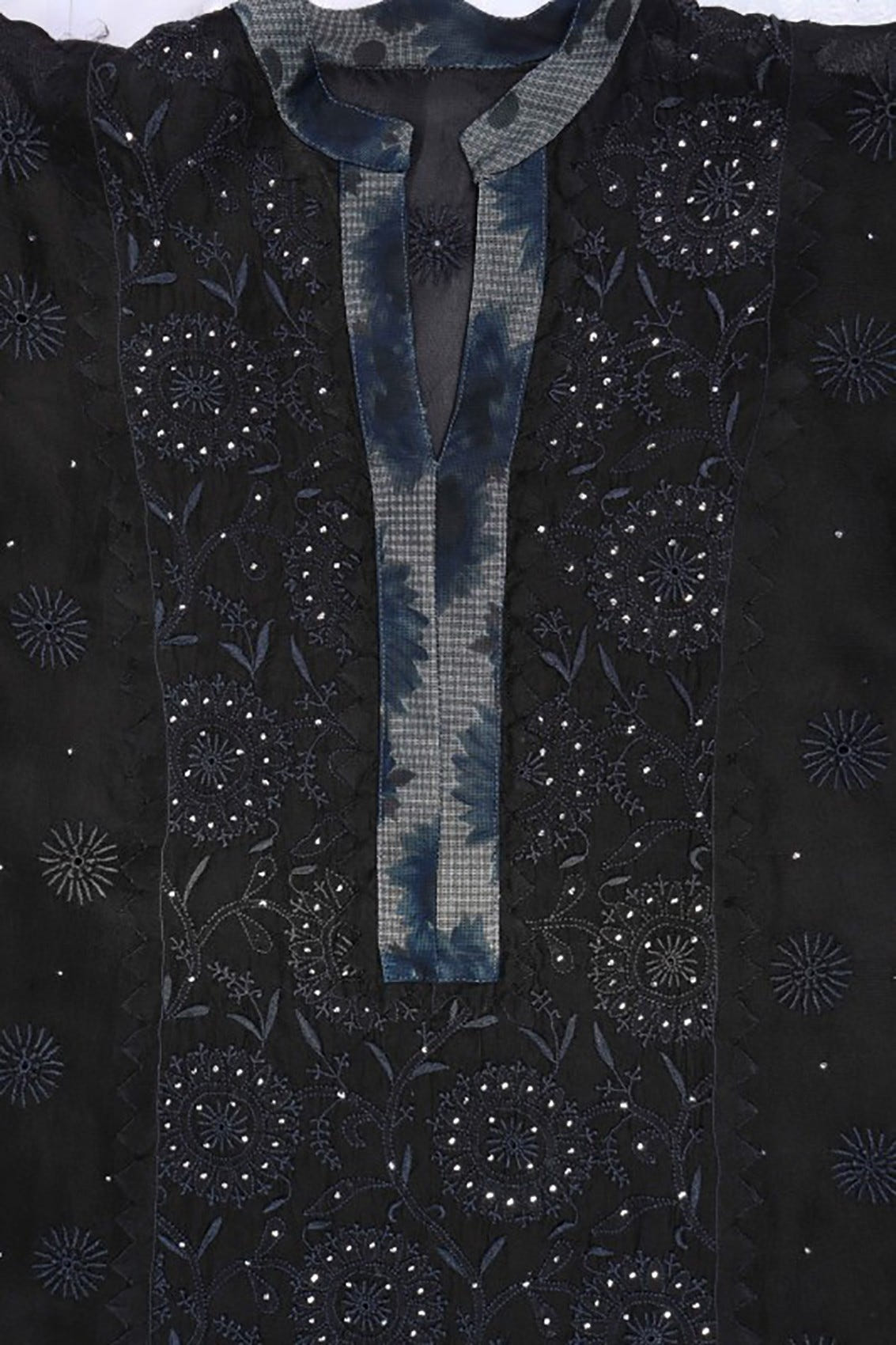 Ada Hand Embroidered Black Tissue Lucknowi Chikankari Unstitched Kurta Dupatta Set With Muqaish Work A606148