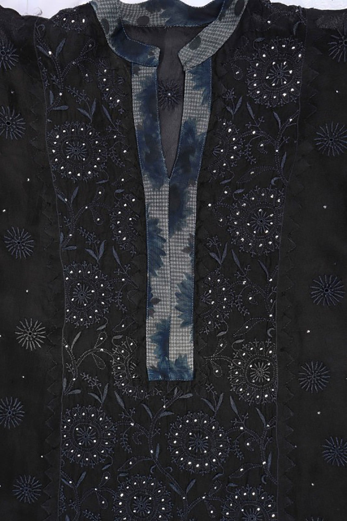 Ada Hand Embroidered Black Tissue Lucknowi Chikankari Unstitched Kurta Dupatta Set With Muqaish Work A606148