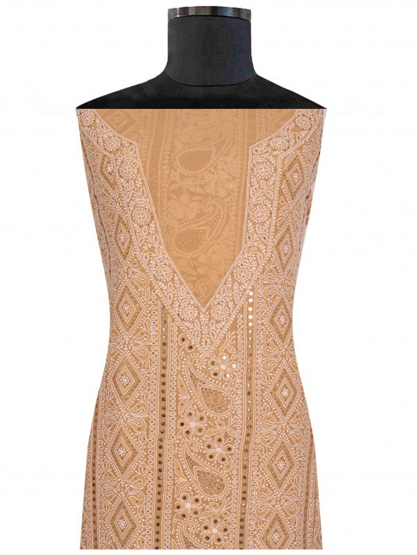 Ada Hand Embroidered Dark Fawn Pure Georgette Lucknowi Chikan Unstitched Kurta Dupatta Set with Muqaish Work A501817