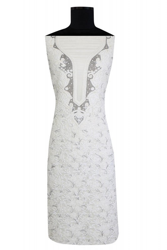 Ada Hand Embroidered White Pure Georgette Lucknowi Chikan Unstitched Kurta Dupatta Set With Pearl Work- A199028