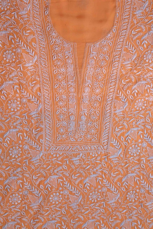 Ada Hand Embroidered Rust Pure Georgette Lucknowi Chikan Unstitched Kurta Dupatta A557083