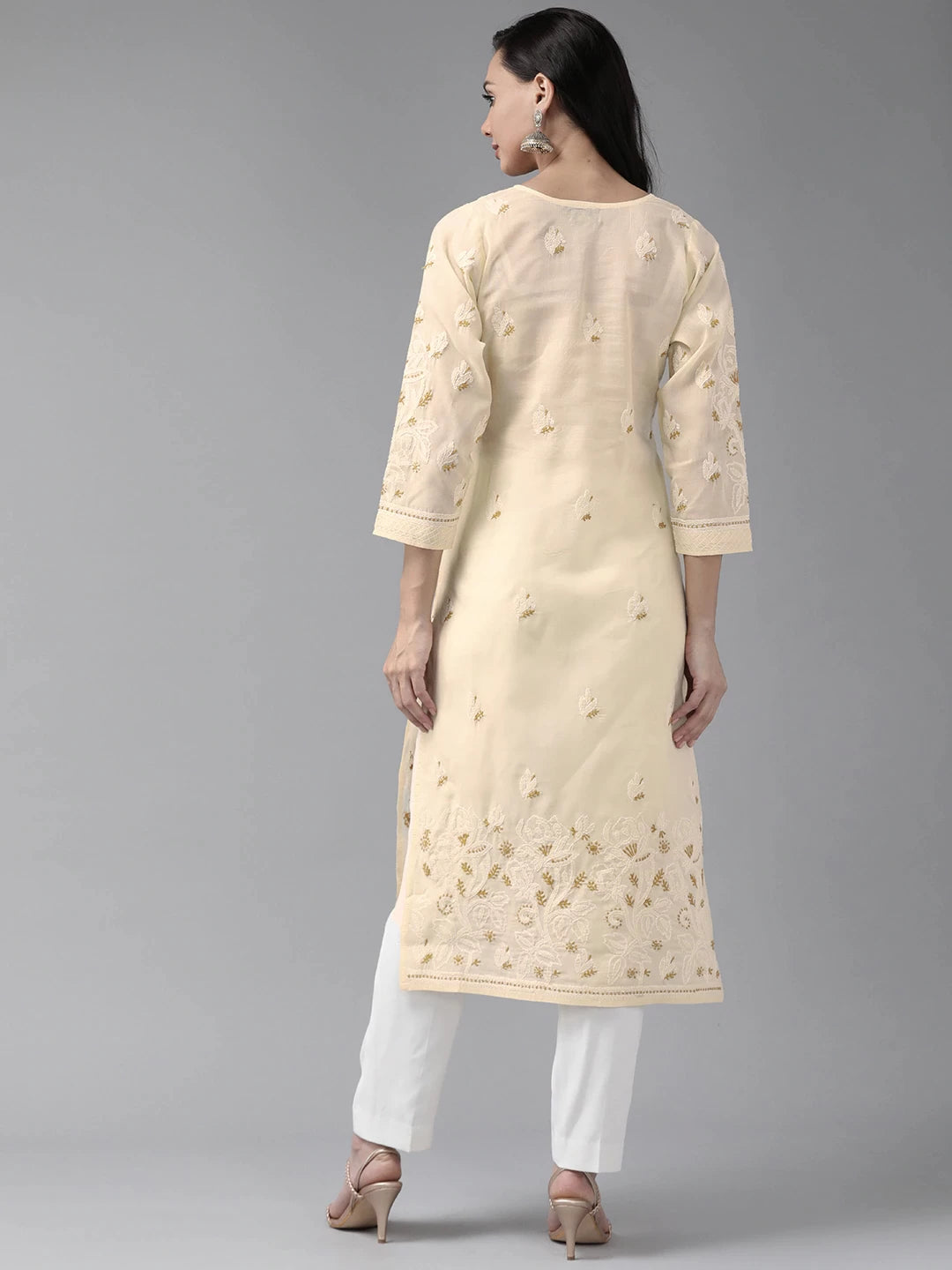 Ada Hand Embroidered Cream Cotton Lucknow Chikan Straight Kurta A411182