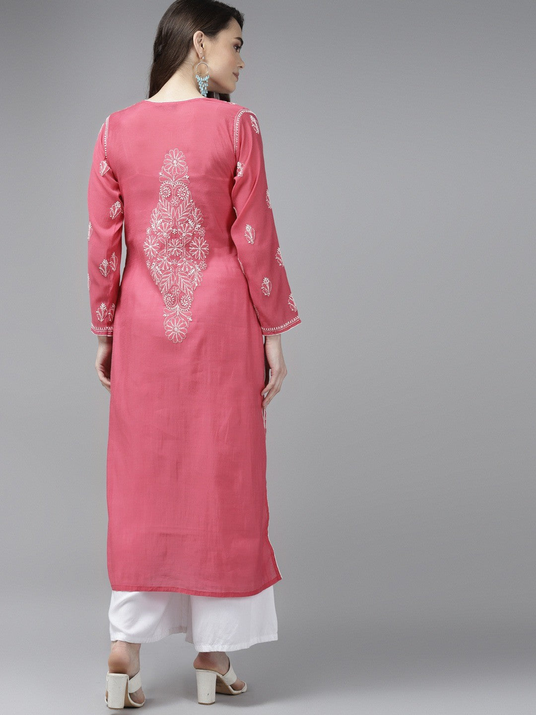 Ada Hand Embroidered Magenta Chanderi Lucknow Chikankari Straight Kurta A411341