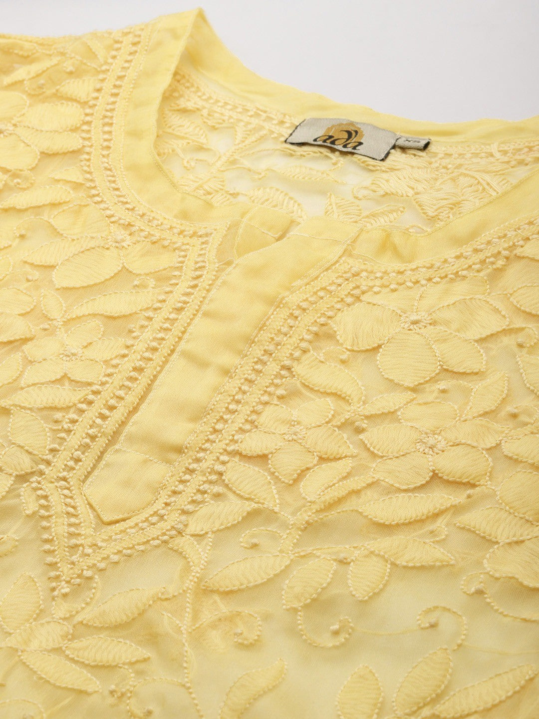 Ada Hand Embroidered Yellow Organza Lucknowi Chikankari Straight Kurta With Slip A411239