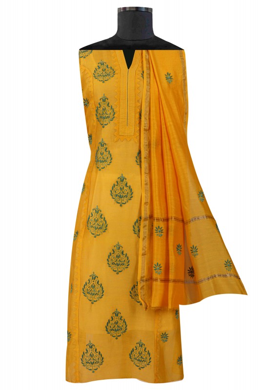 Ada Hand Embroidered Bright Yellow Chanderi Lucknowi Chikankari Unstitched Kurta Dupatta Set A320092