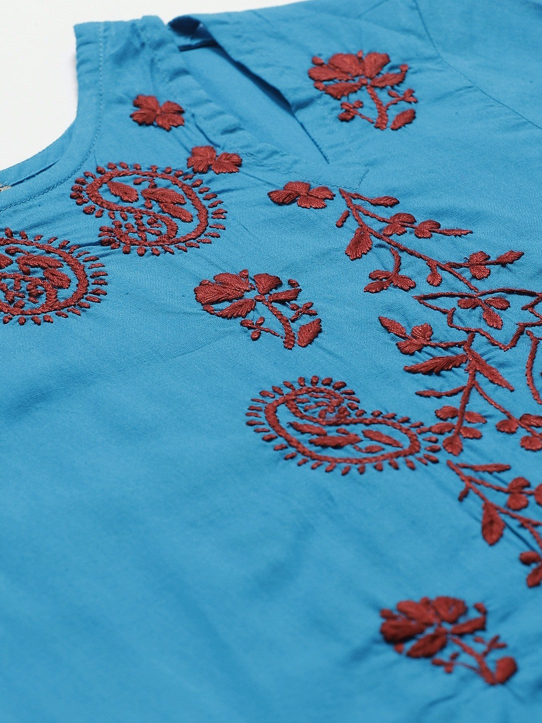 Ada Hand Embroidered Blue Cotton Lucknowi Chikankari Straight Kurta With Trouser Set A100325
