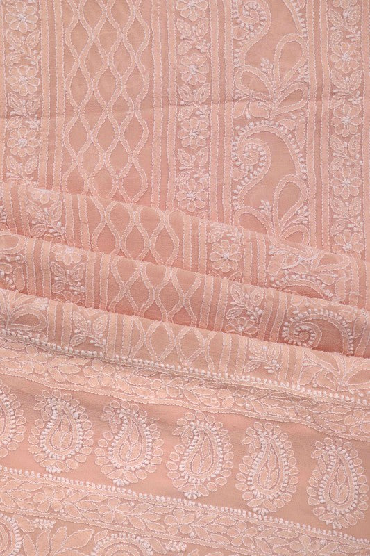 Ada Hand Embroidered Light Peach Pure Georgette Lucknowi Chikan Unstitched Kurta Piece A505479