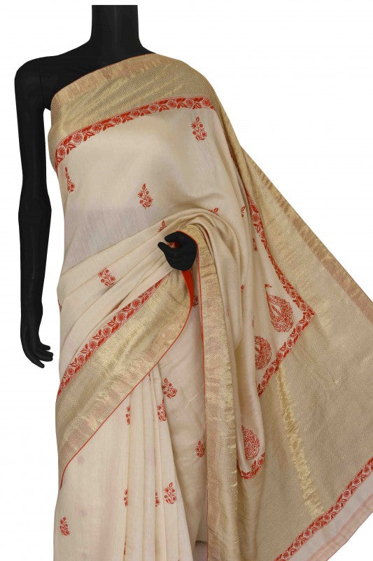 Ada Hand Embroidered Fawn Moonga Silk Lucknowi Chikankari Saree With Blouse-A91762
