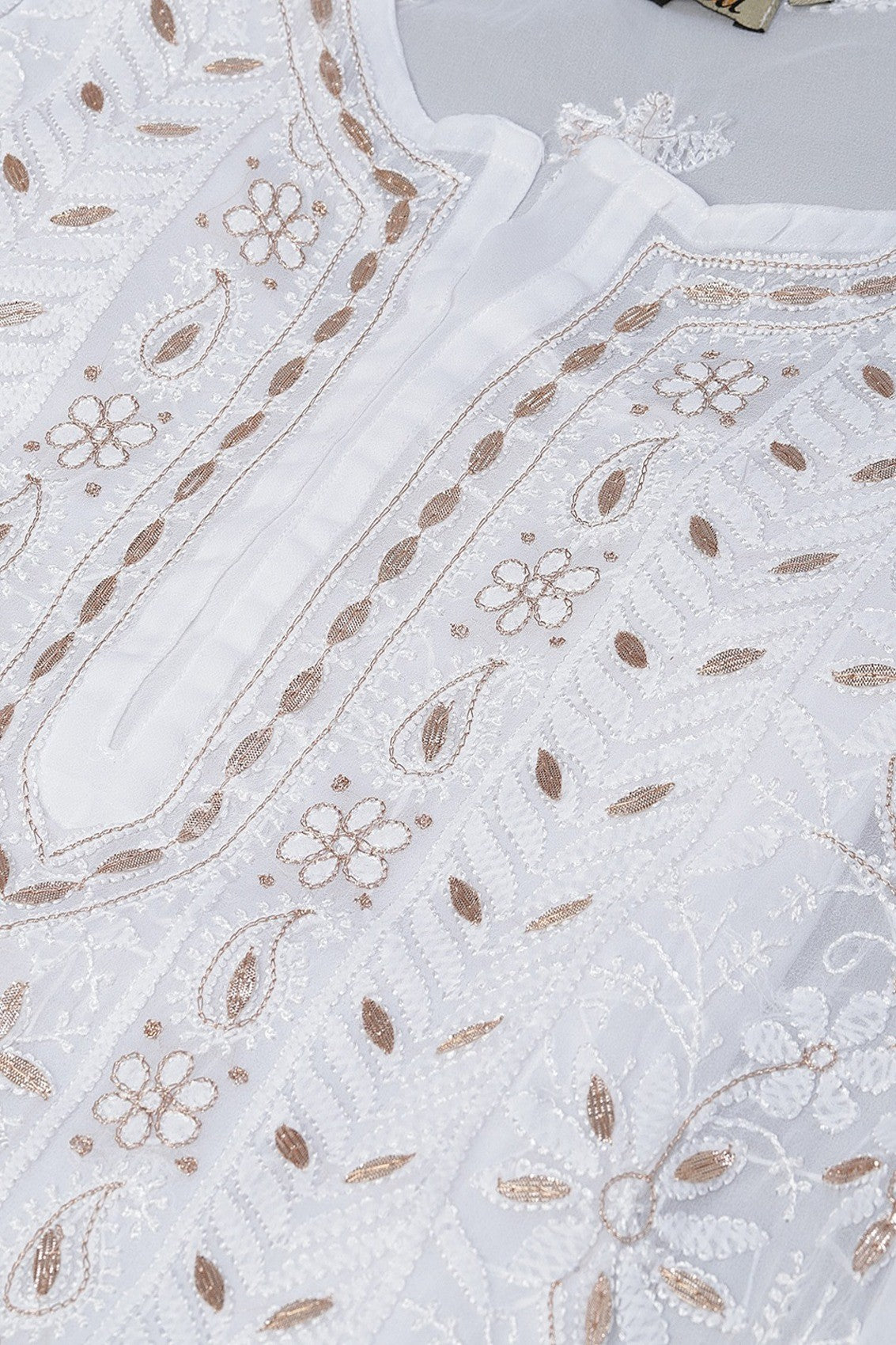 Ada Hand Embroidered White Georgette Lucknowi Chikankari Straight Kurta/Slip with Gota patti Work A411114
