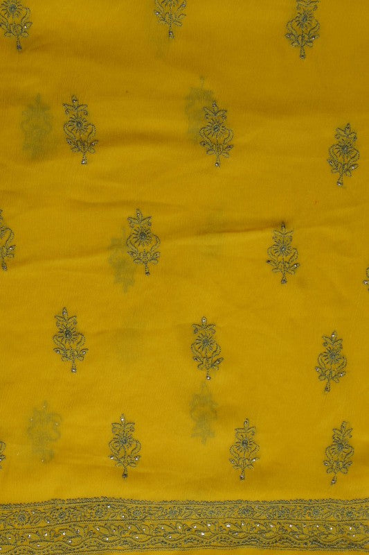 Ada Hand Embroidered Mustard Chiffon Lucknowi Chikan Unstitched Kurta Dupatta Set With Muqaish Work  A489066