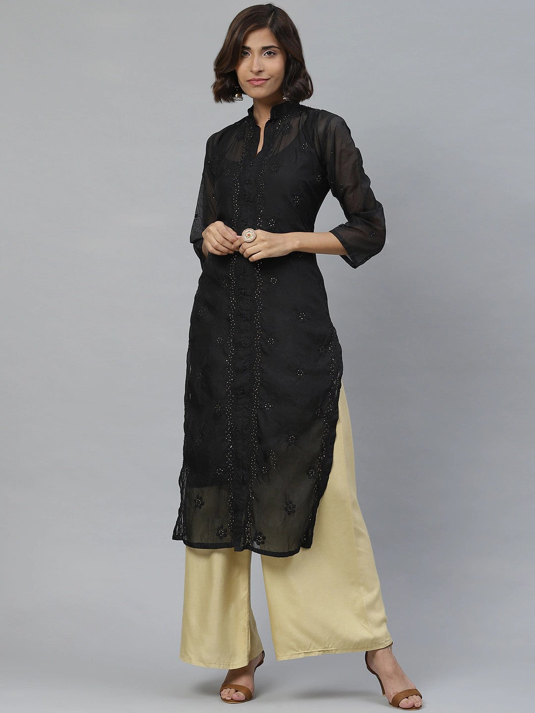 Ada Hand Embroidered Black Kota Lucknowi Chikankari Straight Kurta/Slip with Muqaish Work A411126
