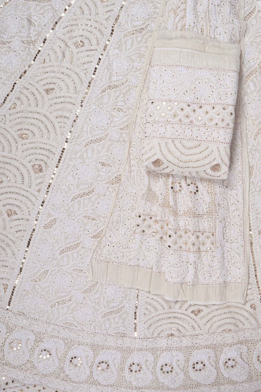 Ada Hand Embroidered White Pure Georgette Lucknowi Chikankari Lehenga Set With Muqaish Work 01A118622