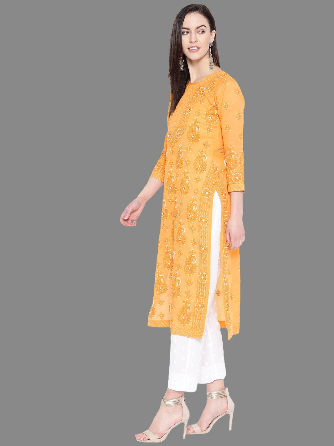 Ada Hand Embroidered Mustard Cotton Lucknowi Chikankari Kurta With Trouser Set A100223