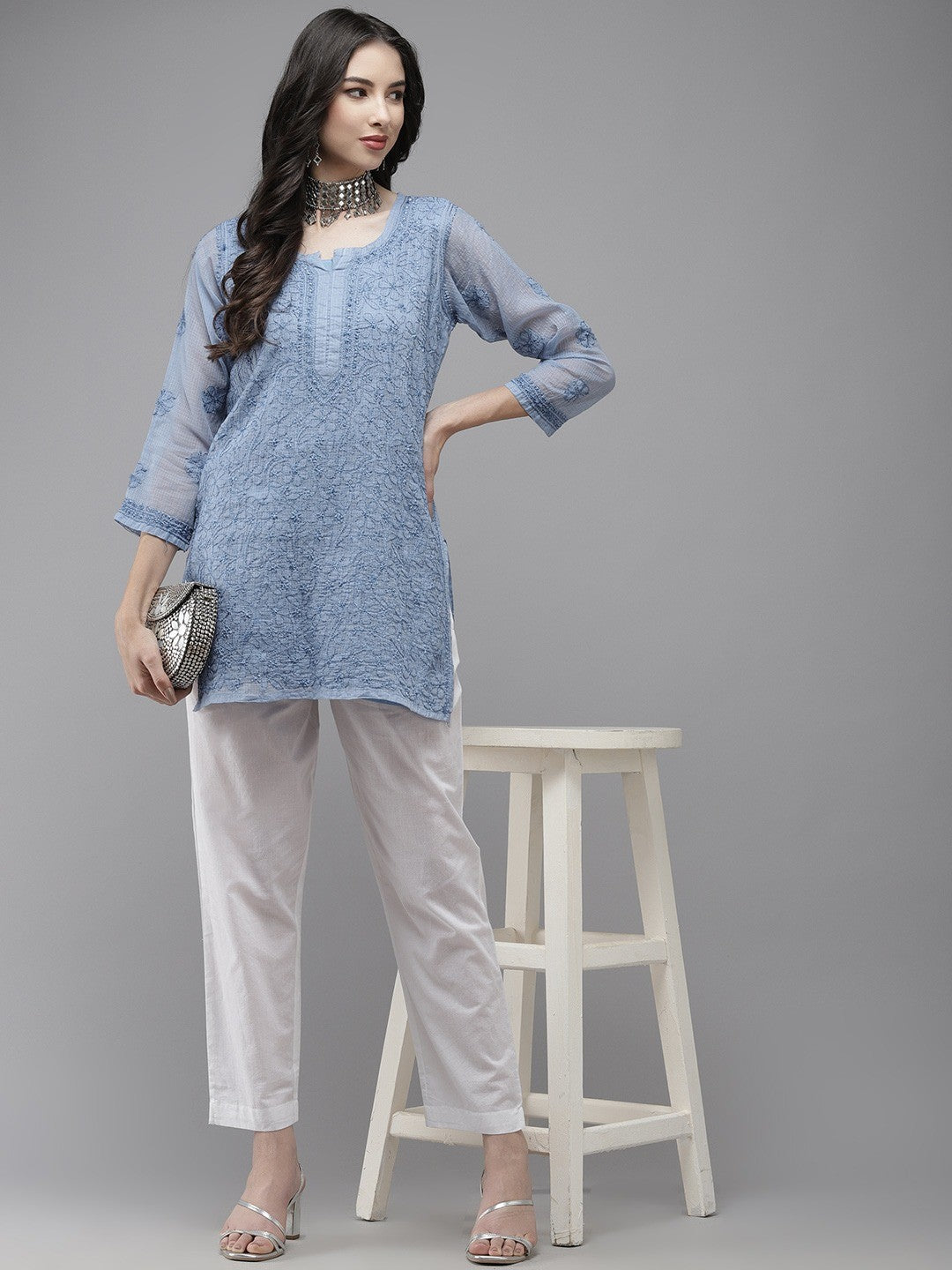 Ada Hand Embroidered Blue Kota Lucknow Chikan Kurti With Slip A911182