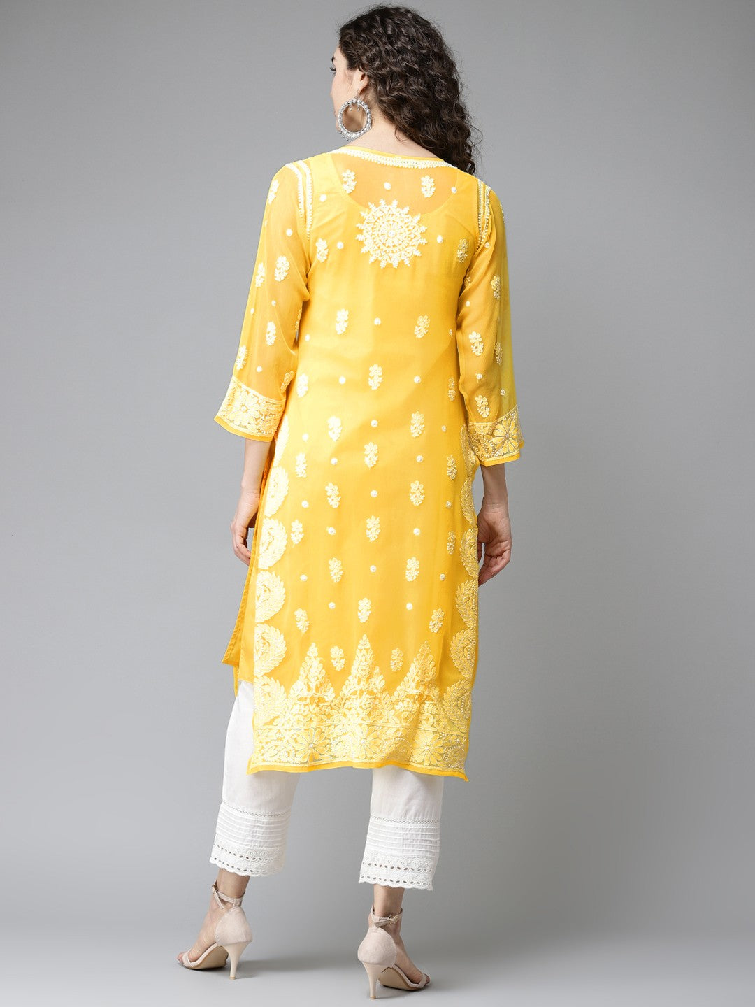 Ada Hand Embroidered Yellow Georgette Lucknowi Chikankari Straight Kurta With Slip A411195