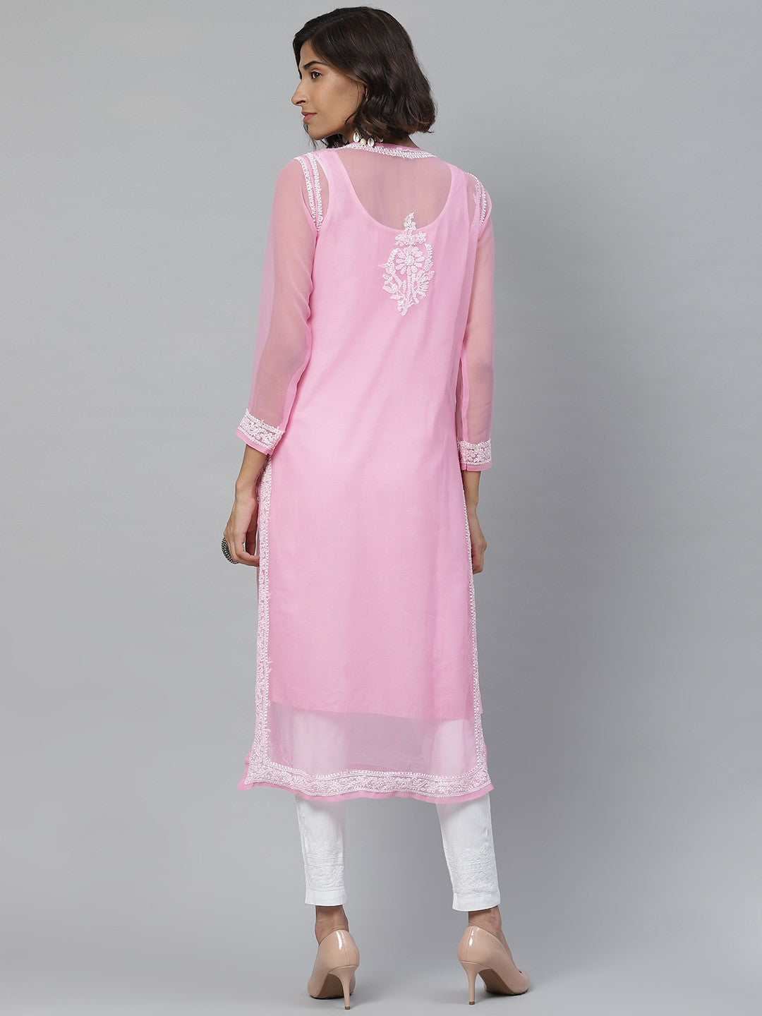 Ada Hand Embroidered Pink And White Georgette Lucknowi Chikankari Kurta Set With Slip A811114