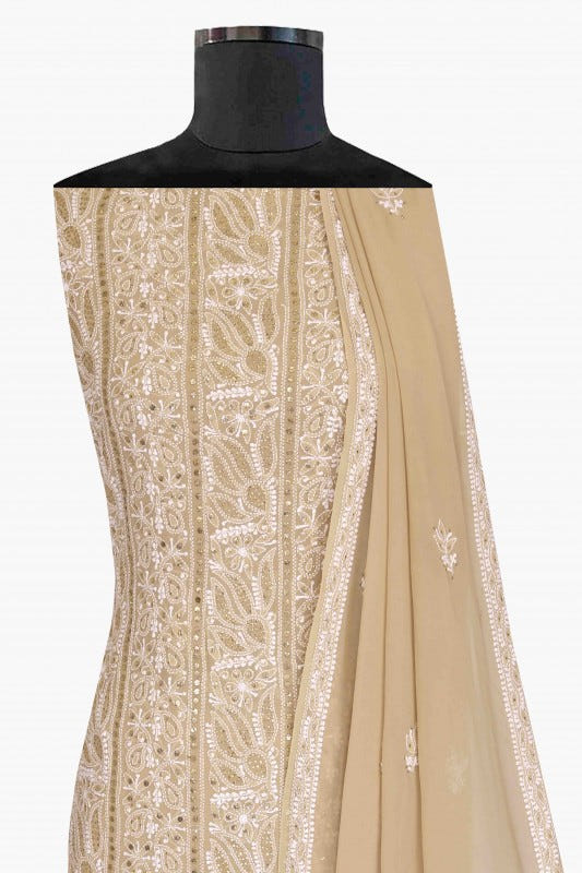 Ada Hand Embroidered Fawn Pure Georgette Lucknowi Chikan Unstitched Kurta Dupatta Set with Muqaish Work A595019