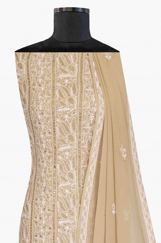 Ada Hand Embroidered Fawn Pure Georgette Lucknowi Chikan Unstitched Kurta Dupatta Set with Muqaish Work A595019