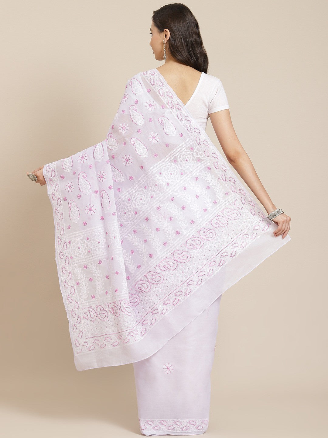 Ada Hand Embroidered Mauve Cotton Lucknow Chikan Saree With Blouse A311335
