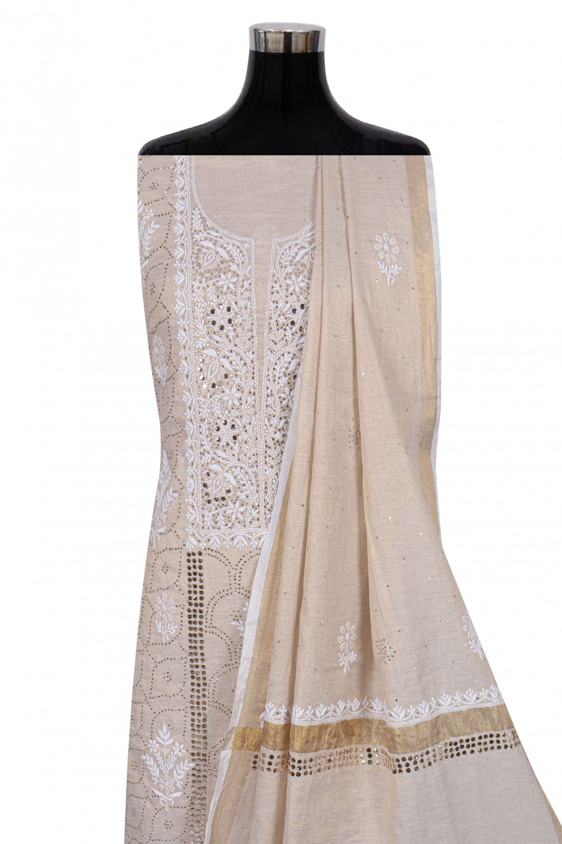 Ada Hand Embroidered Natural Fawn Tissue Lucknowi Chikankari Unstitched Kurta Dupatta Set With Muqaish Work 01A169987