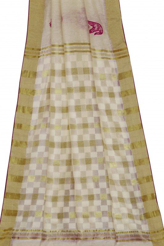 Ada Hand Embroidered Cream Chanderi Lucknowi Chikankari Saree With Blouse A102252