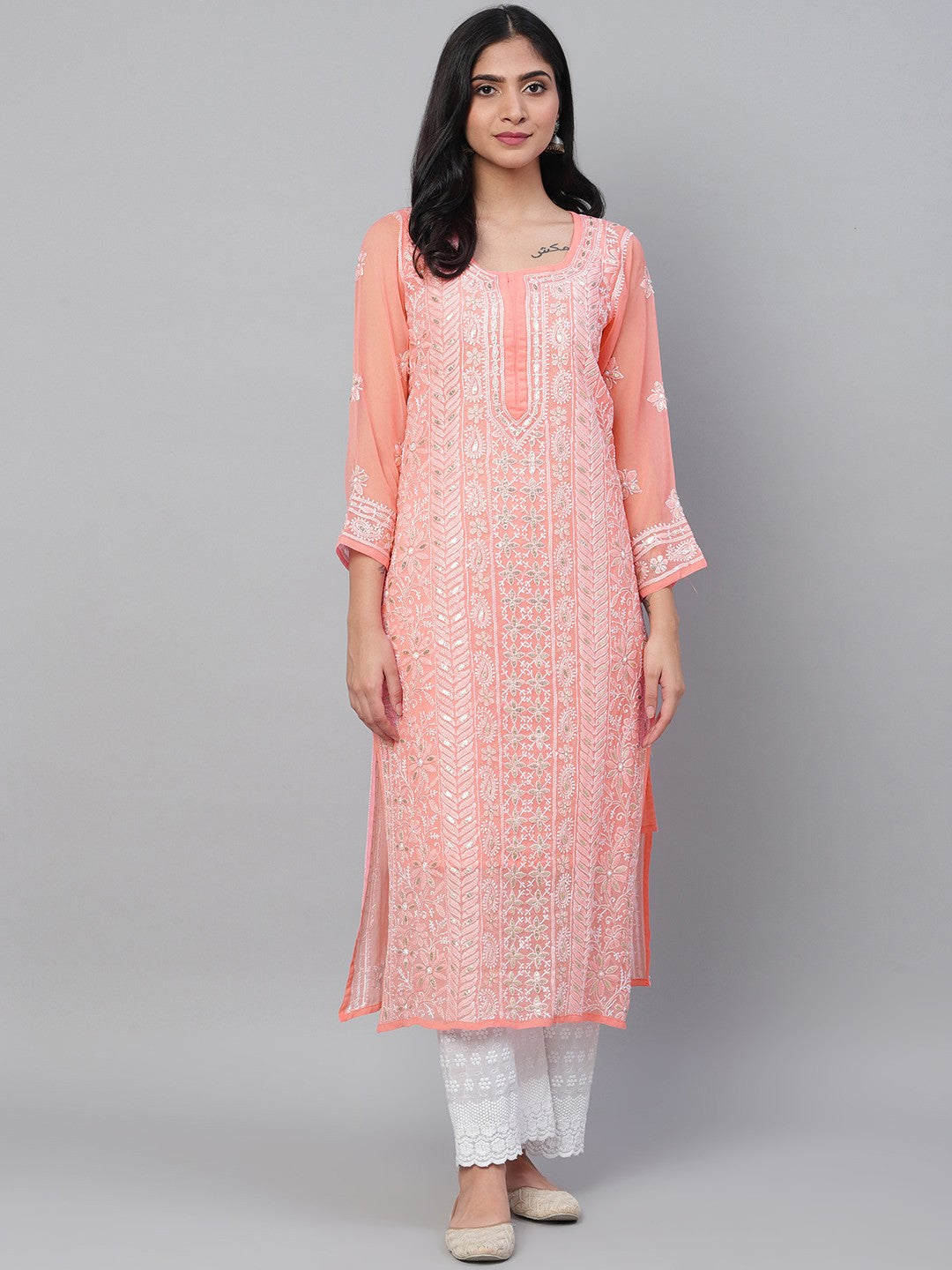 Ada Hand Embroidered Peach Georgette Lucknow Chikan Straight Kurta/Slip with Gota patti Work A411113