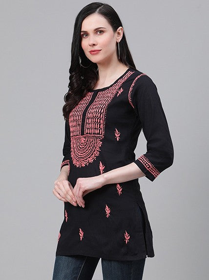 Ada Hand Embroidered Black Cotton Lucknowi Chikankari Straight Kurti A911112