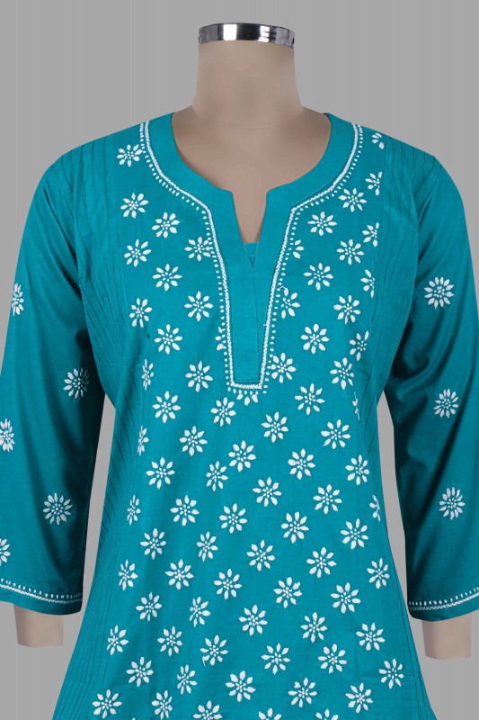 Ada Hand Embroidered Teal Blue Cotton  Lucknowi Chikankari Straight Kurti A911287