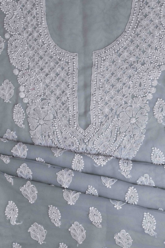 Ada Hand Embroidered Grey Georgette Lucknowi Chikan Unstitched Suit Piece with Muqaish Work A614631