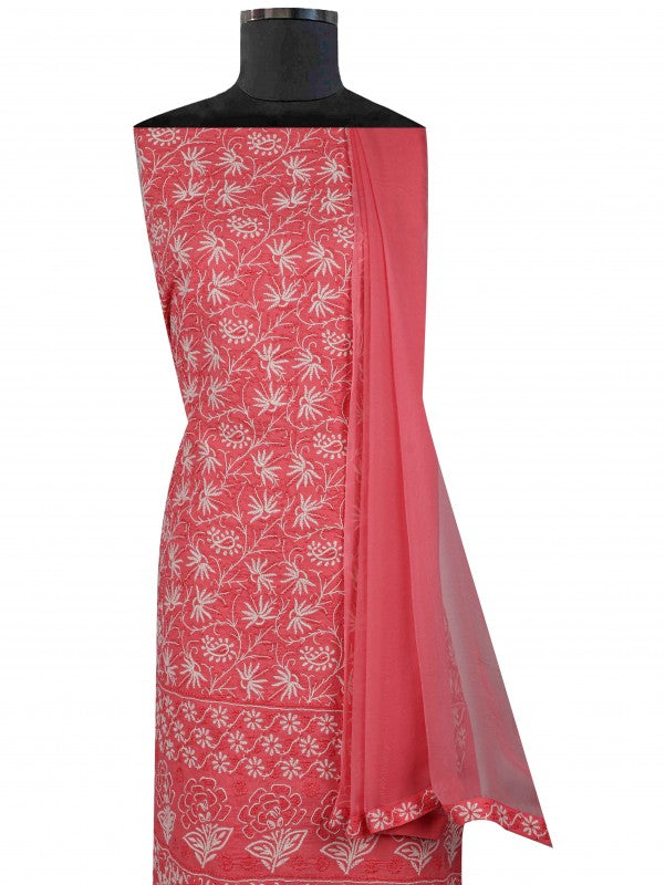 Ada Hand Embroidered Carrot Pink Cotton Lucknowi Chikankari Unstitched Suit Piece 01A101763