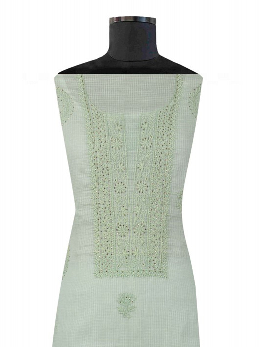 Ada Hand Embroidered Pista Green Kota Lucknowi Chikan Unstitched Kurta Dupatta Set With Muqaish Work A614846